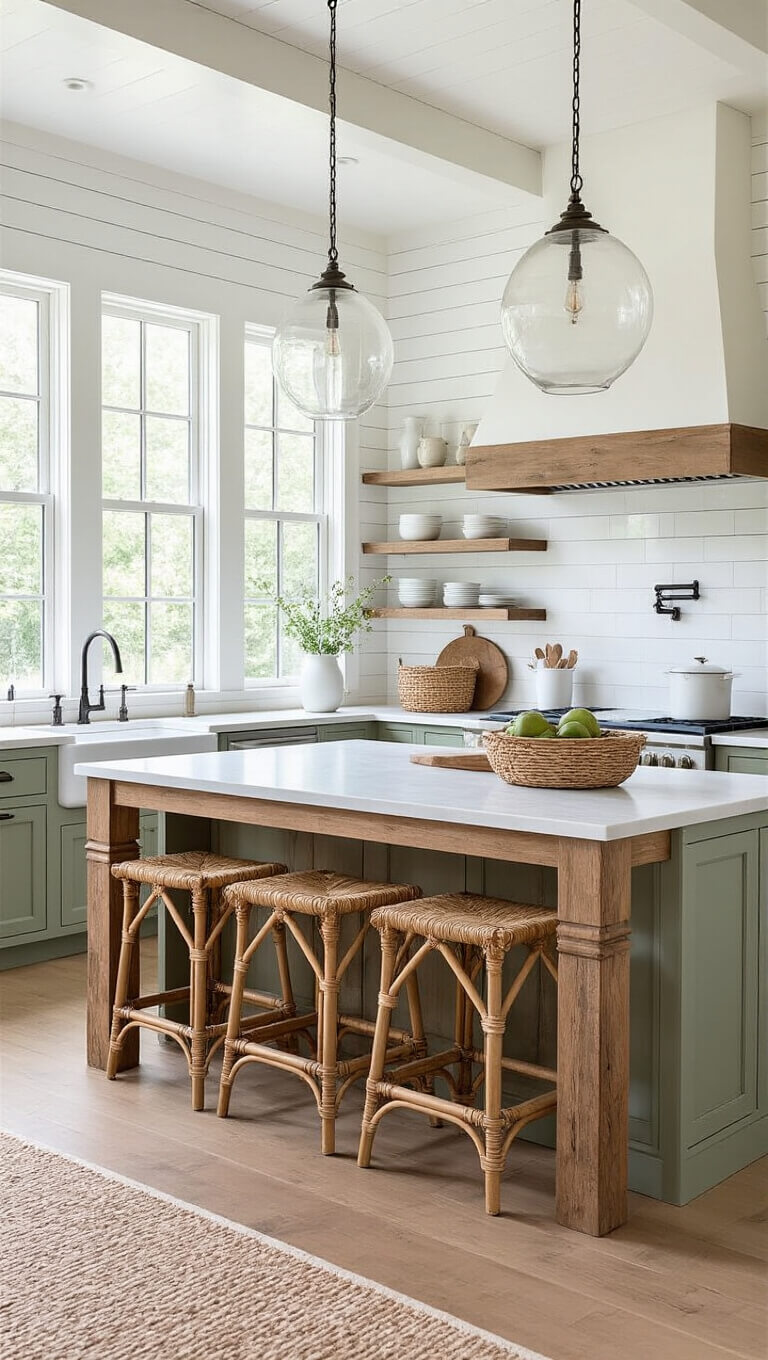Bright, airy kitchen with farmhouse island, white shiplap walls, sage green cabinets, rattan stools, and oversized glass pendant lights.