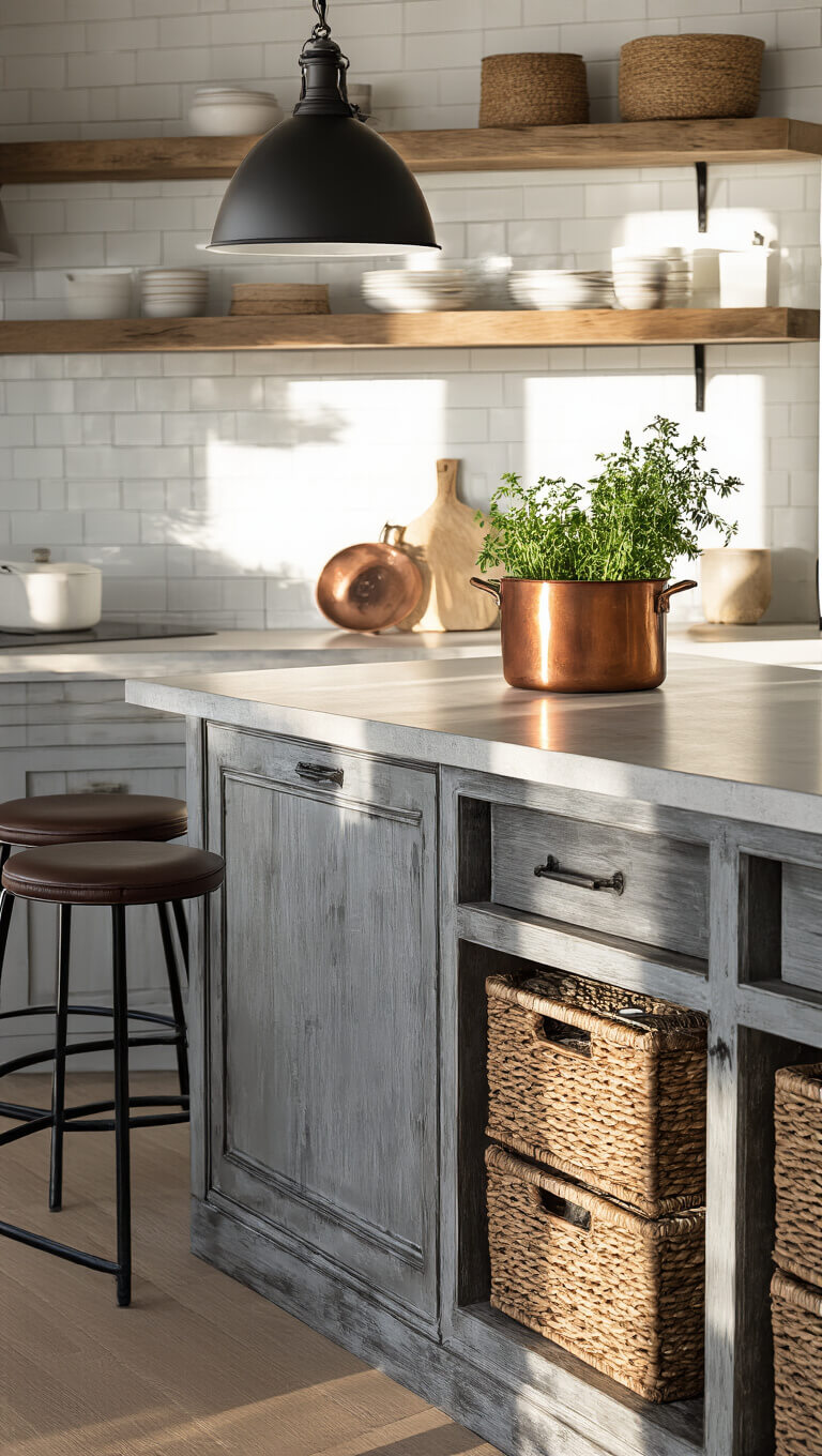 Rustic-modern kitchen island with distressed grey base, concrete countertop, copper herb pot, and black stools, bathed in moody late afternoon light.