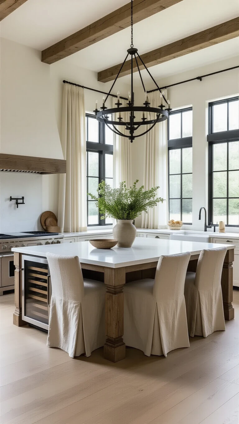 Wide-angle view of a spacious farmhouse kitchen with 12-foot ceilings, a large reclaimed wood island with white quartz waterfall countertop, oatmeal linen counter chairs, iron chandelier, and morning light filtering through sheer curtains.