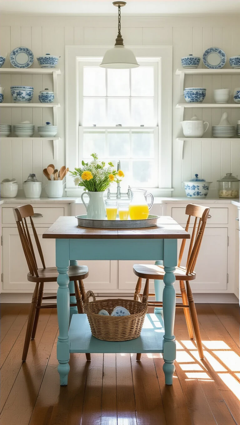 Vintage cottage kitchen with a robin's egg blue island, mismatched chairs, lemonade tray, fresh flowers, and blue-and-white china on open shelves in bright afternoon light.