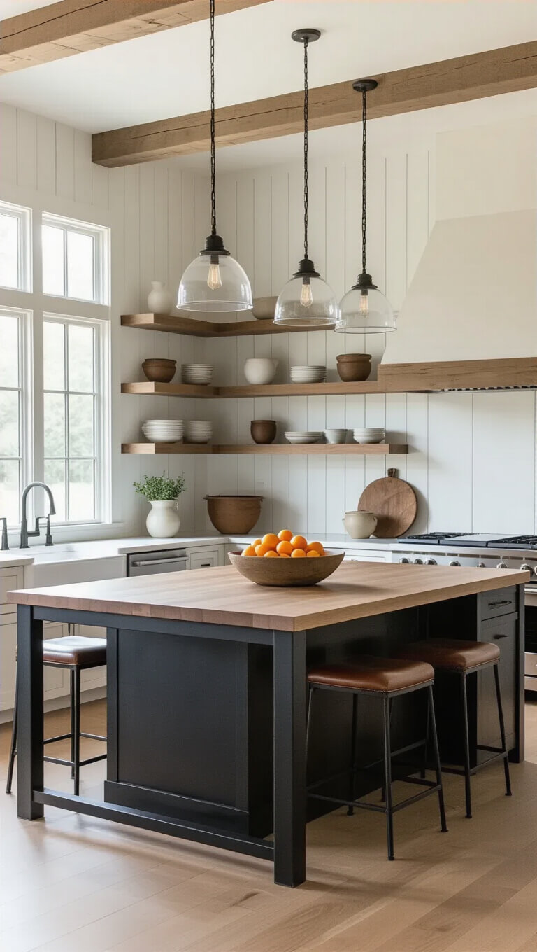 Modern farmhouse kitchen with large black steel and butcher block island, leather barstools, seeded glass pendant lights, and warm greige shiplap walls.