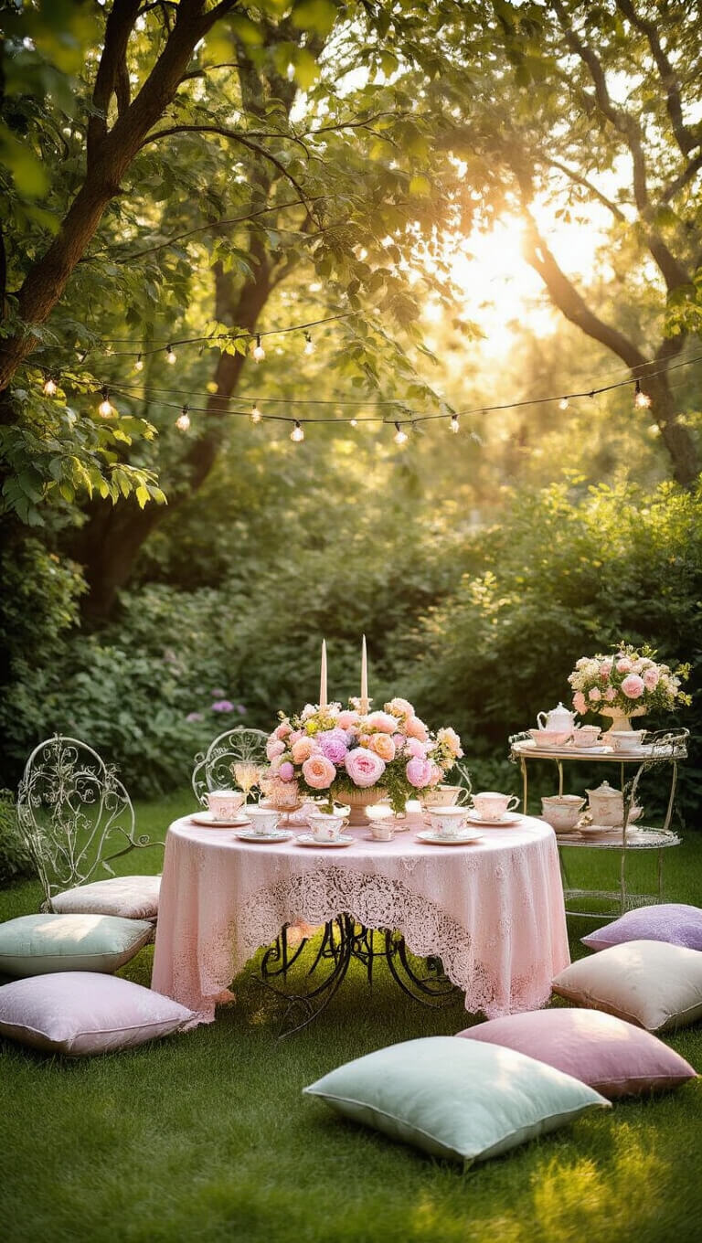 Whimsical English garden party setup with pastel floral centerpiece on vintage table, mismatched teacups, plush pillows on grass, and fairy lights overhead in golden afternoon light.