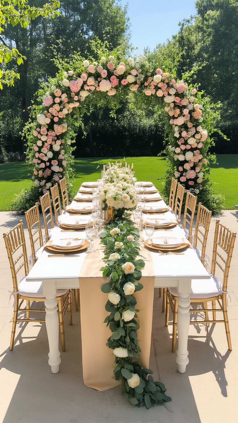 Elegant backyard garden party setup on a 40x50ft patio with a long white farmhouse table adorned with floral garland, gold accents, and surrounded by gold Chiavari chairs under bright midday sun.