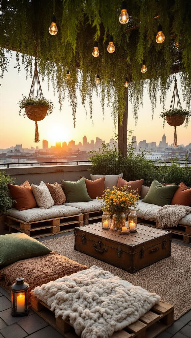 Rustic-chic rooftop garden party at sunset with bohemian seating, wildflower centerpiece, hanging plants, and city skyline in background.