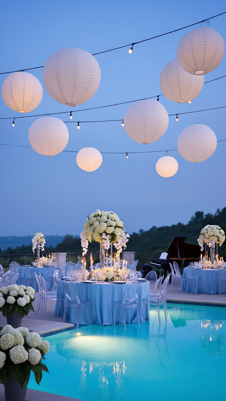 Twilight garden soirée on a 30x40ft poolside patio with icy blue draped tables, white floral centerpieces, silver candelabras, ghost chairs, floating lanterns, a grand piano, and olive trees surrounding a shimmering pool.