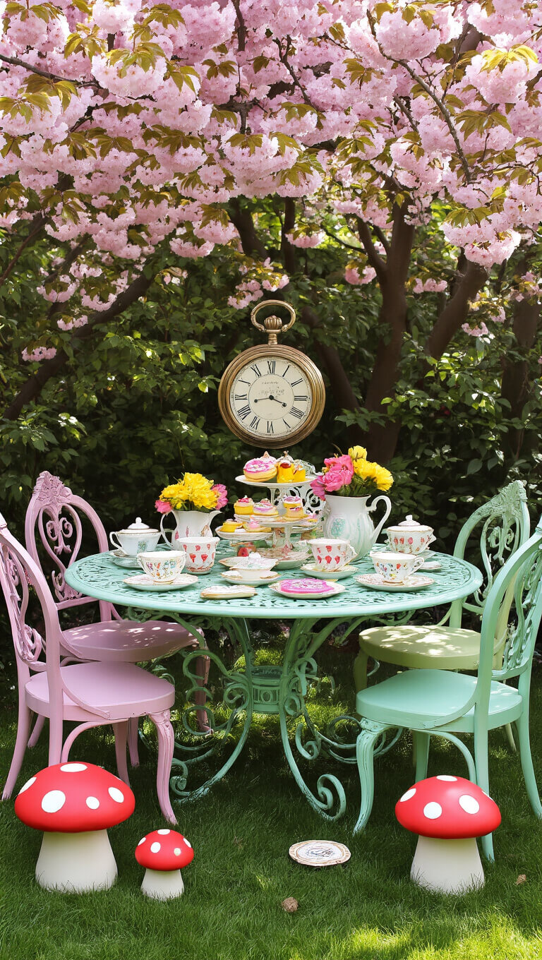 Whimsical Alice in Wonderland-themed garden tea party with vintage decor, oversized teacups, 'eat me' cookies, and cherry blossom canopy.