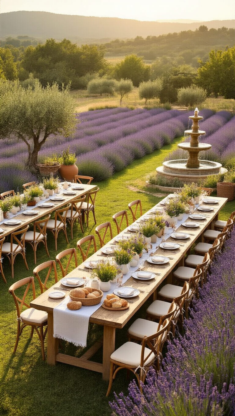 Wide-angle drone view of a Provence-inspired lavender field party on a 50x70ft lawn, with U-shaped farm tables, cross-back chairs, white linens, lavender runners, rustic decor, and golden hour lighting.