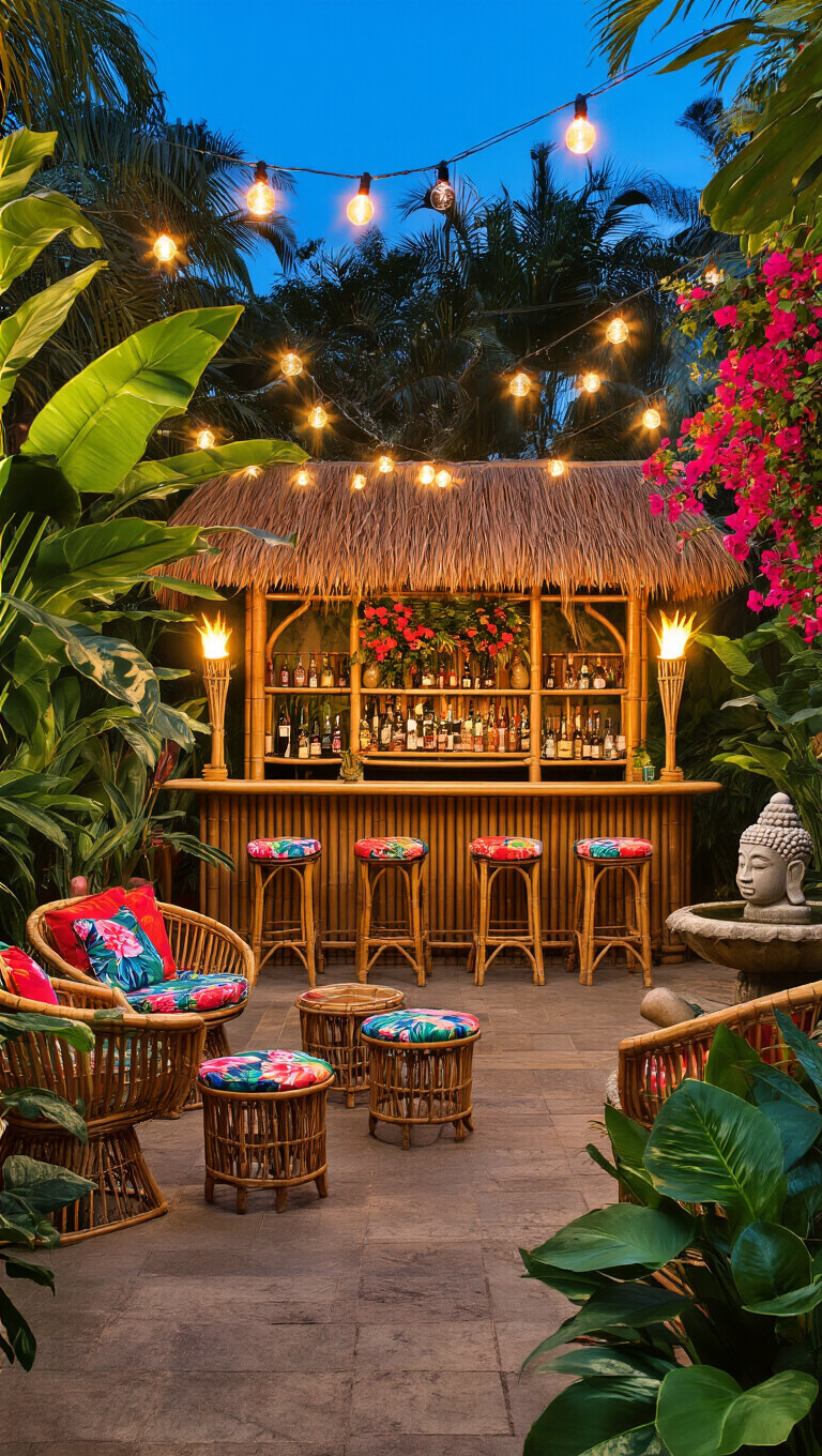 Tropical courtyard soirée with tiki torches, bamboo bar adorned in bougainvillea, rattan seating, lush greenery, colorful macaws, and a stone Buddha fountain at dusk.
