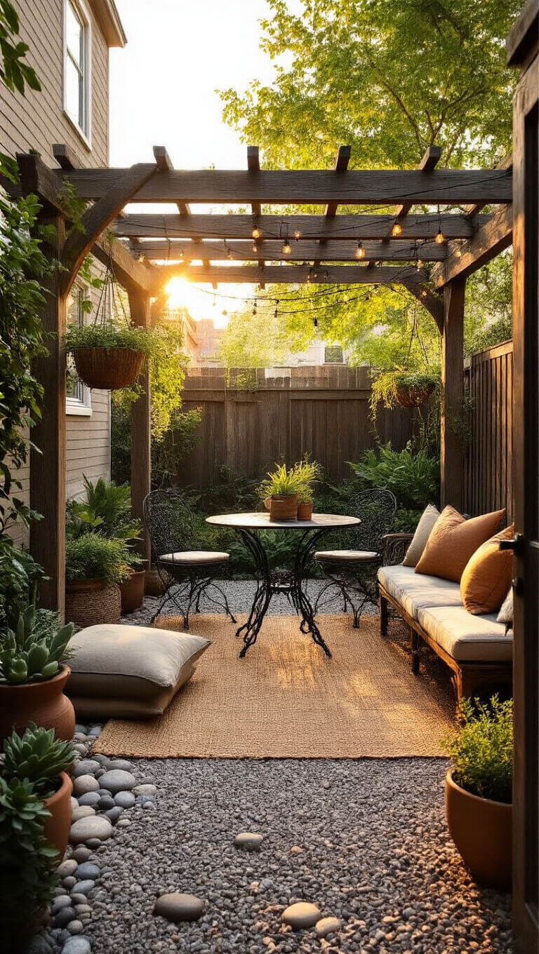 Cozy gravel patio in a small urban backyard with a wooden pergola, string lights, vintage bistro set, floor cushions, potted plants, and warm golden hour lighting.