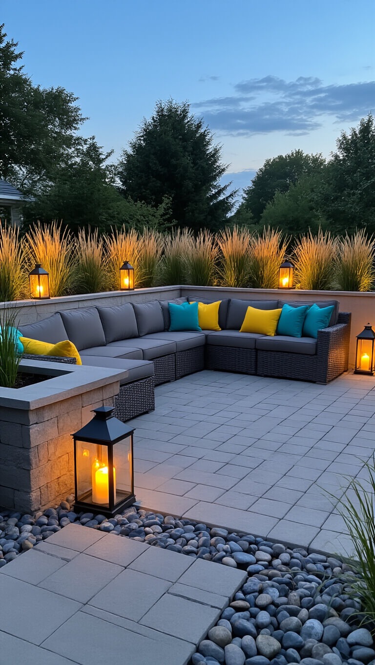 Twilight view of a spacious suburban patio with gray pavers, sectional sofa with colorful pillows, lantern lighting, and raised planter boxes with grasses.