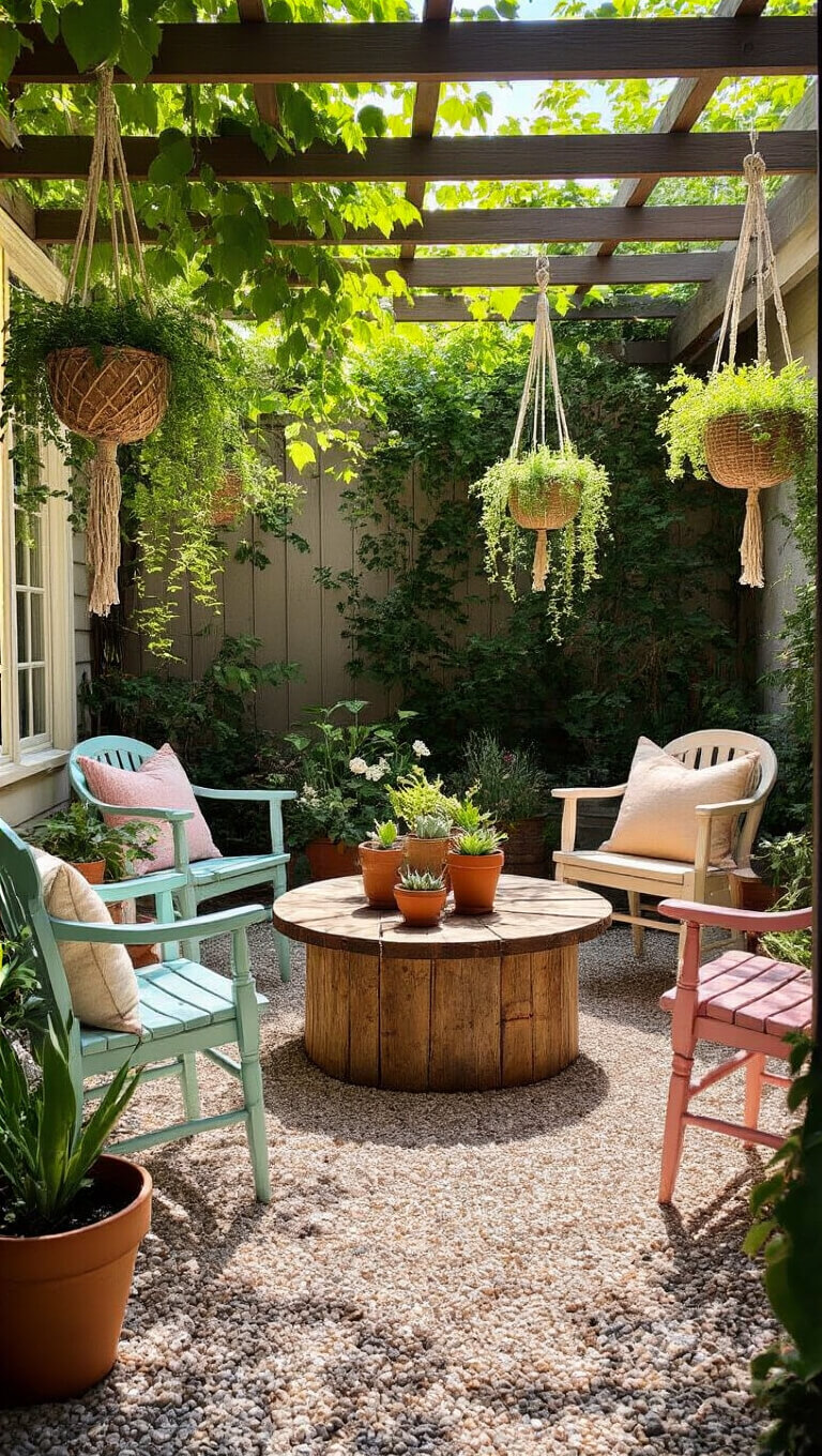 Close-up of a cozy 10x10 ft gravel patio with vintage pastel chairs around a repurposed wooden spool table, macramé planters, and terracotta pots under dappled sunlight.