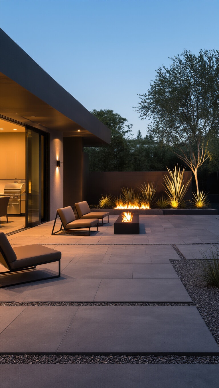 Modern concrete patio with large charcoal pavers, minimalist lounge area, outdoor kitchen, fire pit glow, and uplighting on ornamental plants at dusk.