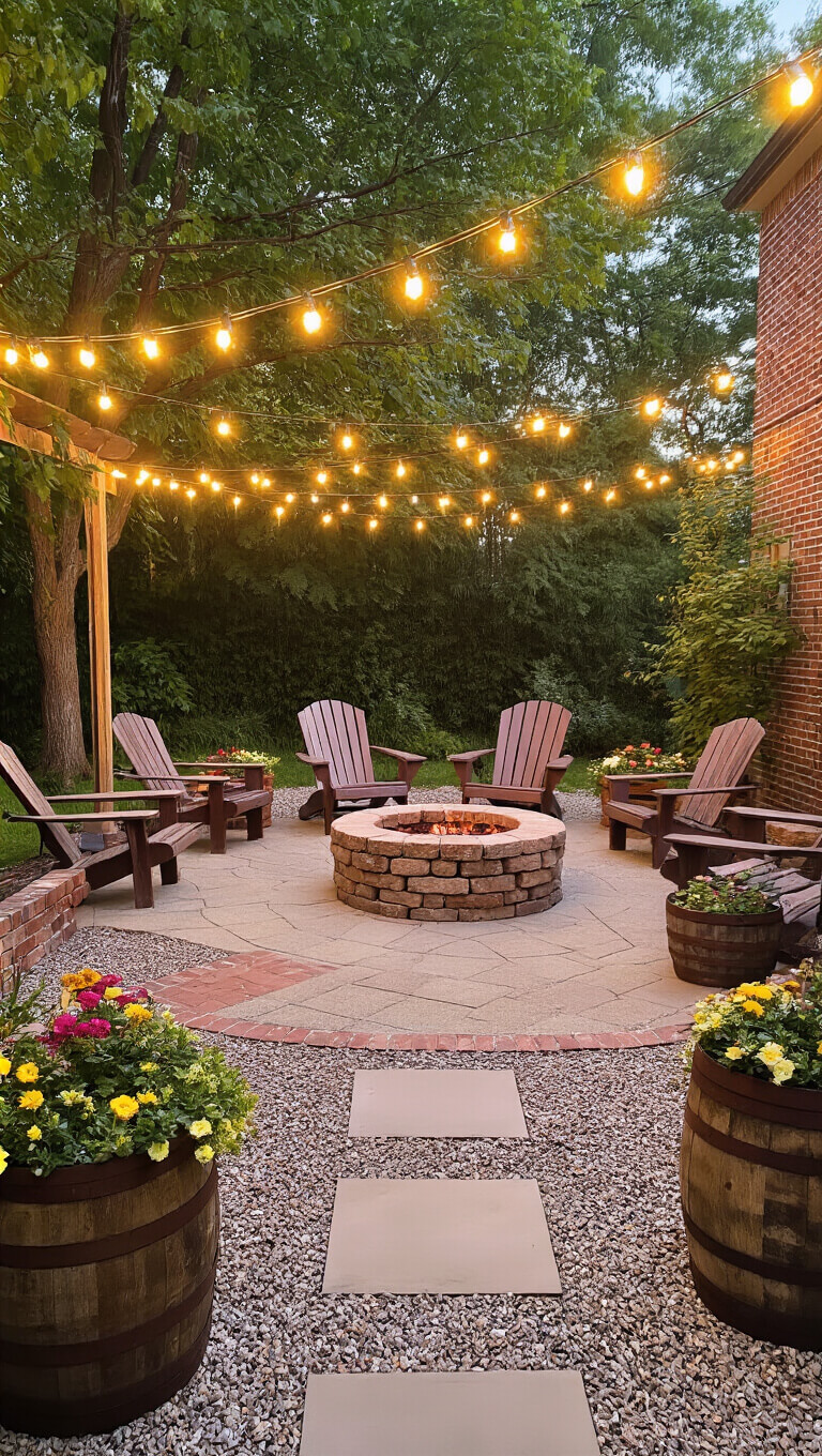 Cozy backyard oasis at sunset with mixed-material patio, central stone fire pit, Adirondack chairs, string lights overhead, and wine barrel planters filled with colorful flowers.