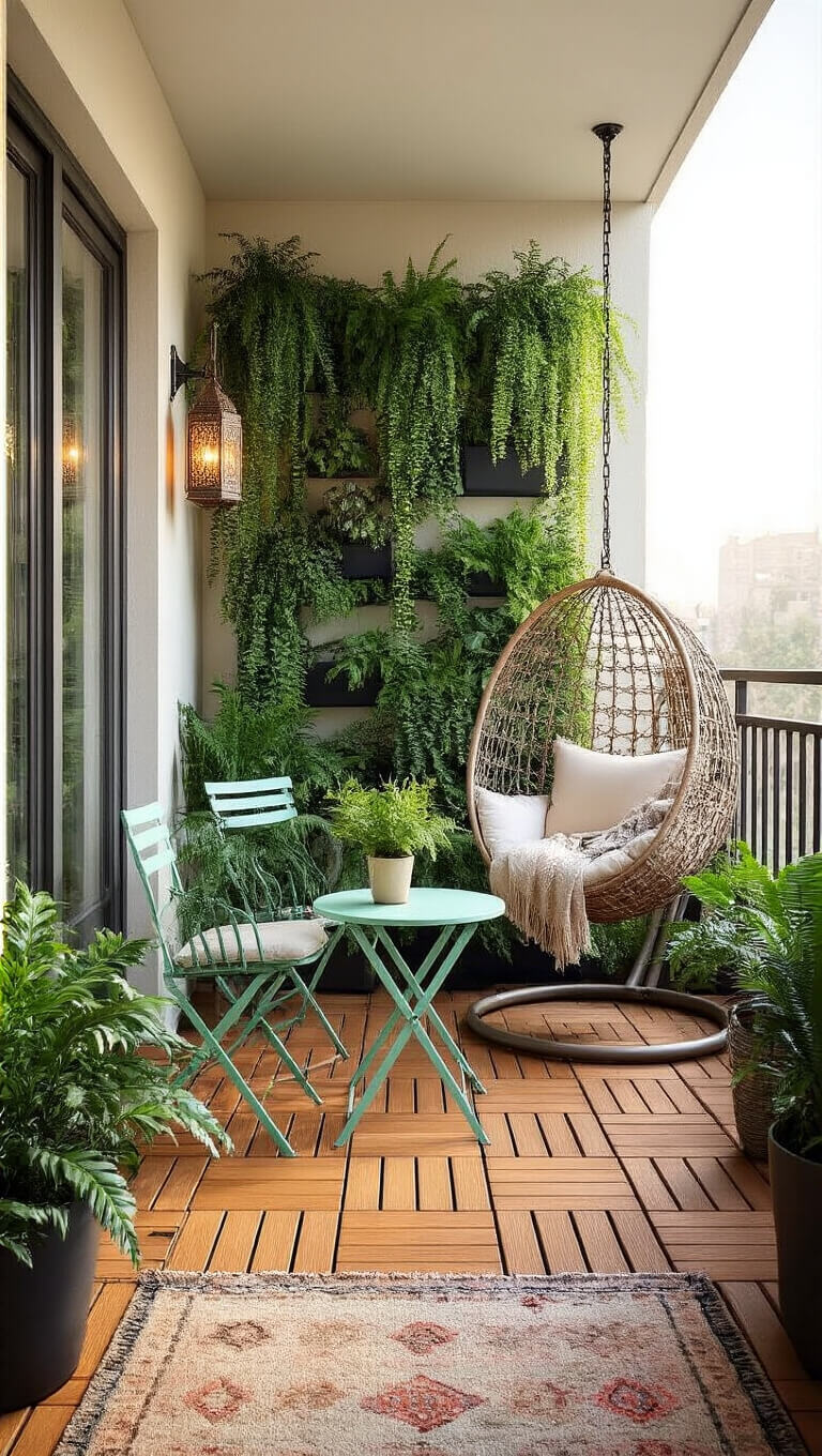 High-angle view of a cozy 6x10 ft urban balcony with teak deck tiles, mint green bistro set, hanging egg chair, vertical garden of ferns and vines, Moroccan lanterns, and a kilim rug in warm morning light.