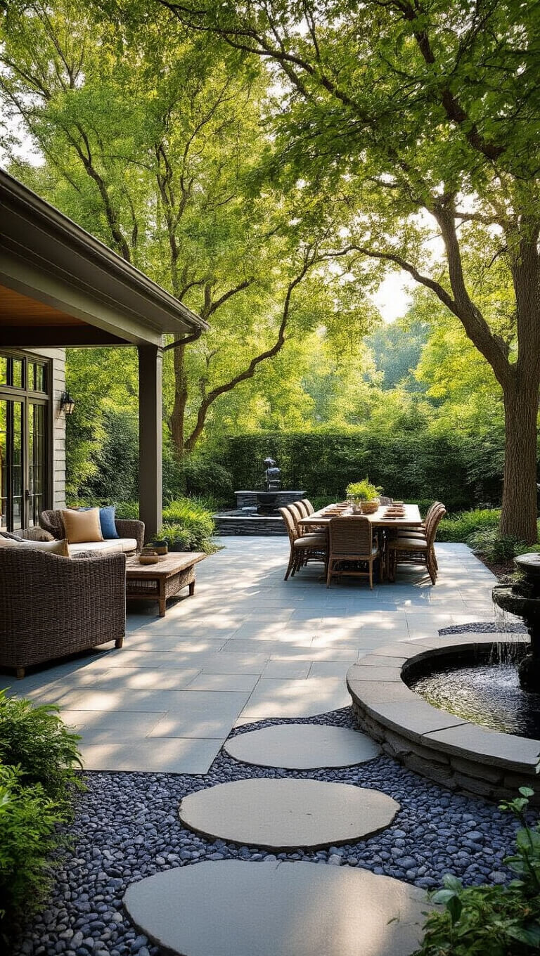 Expansive multi-zone patio with slate pavers and river rocks, featuring outdoor living and dining areas, a shaded meditation corner with fountain, and mature trees casting dappled light.