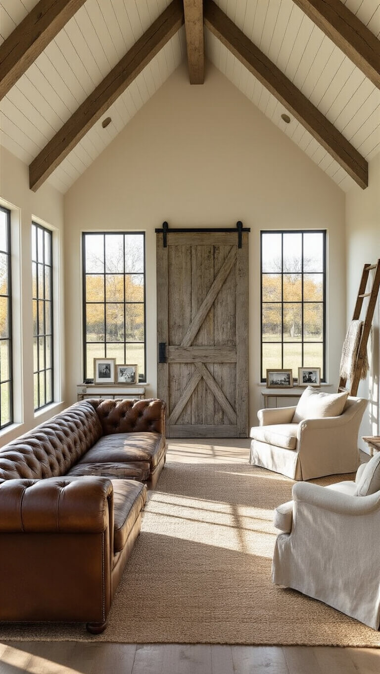 Cozy farmhouse living room with vaulted ceilings, exposed wooden beams, leather Chesterfield sofa, linen armchairs, reclaimed barn door wall art, vintage ladder with blankets, and warm afternoon light streaming through large windows.