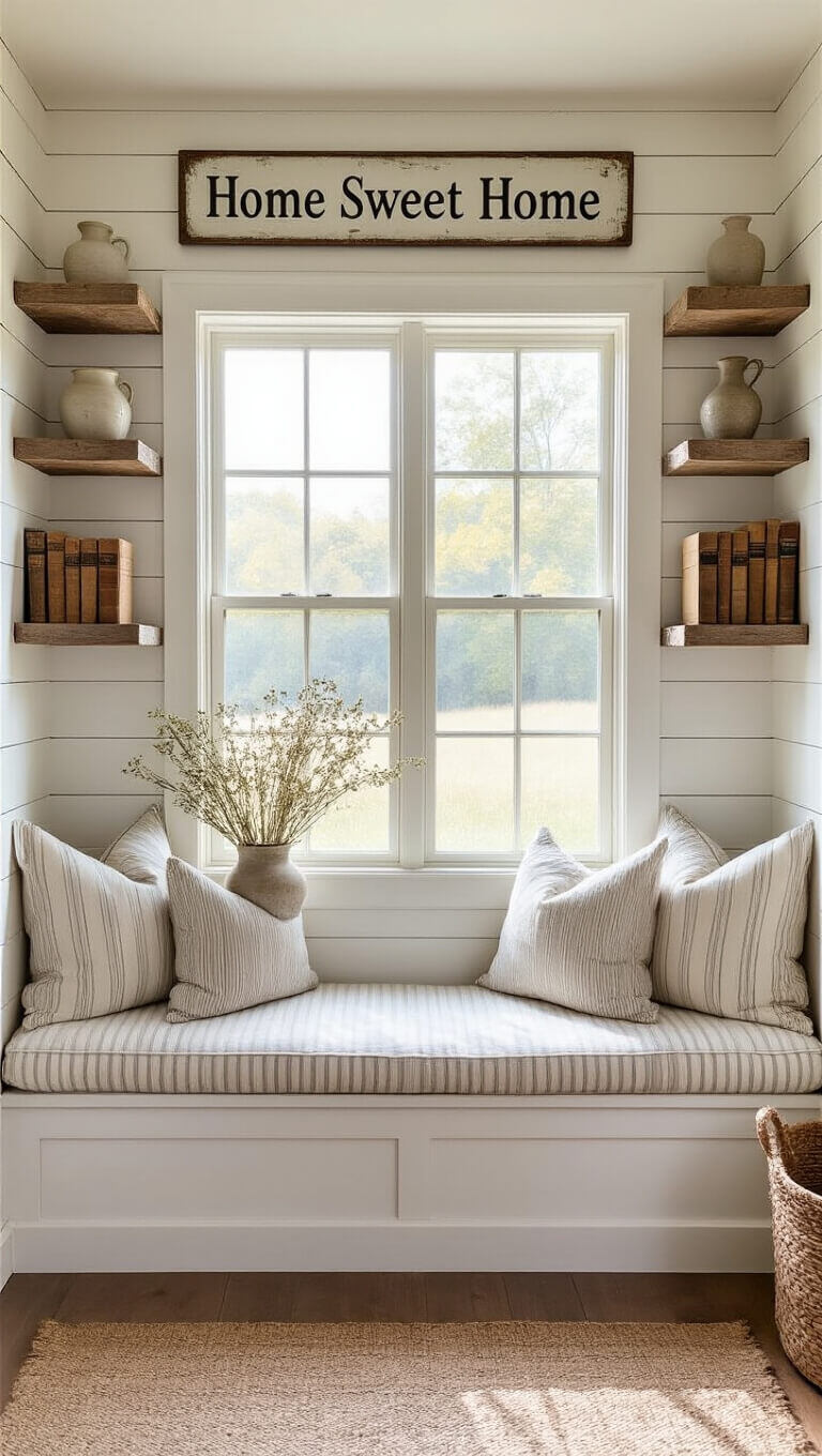 Cozy farmhouse reading nook with window seat, shiplap walls, vintage decor, and morning sunlight filtering through a large picture window.