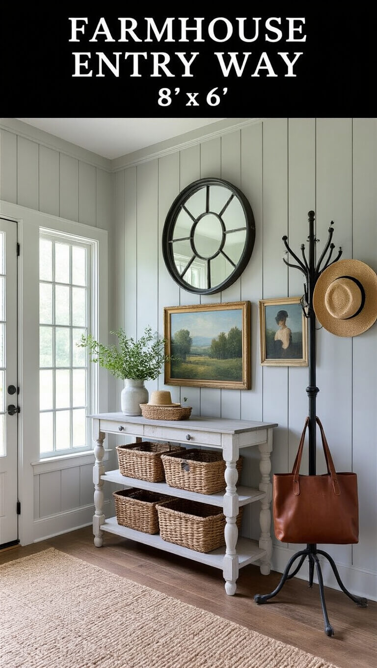 Close-up of a farmhouse entryway with a chippy white vintage console table, round black-framed mirror, woven baskets, and afternoon light illuminating textured décor.