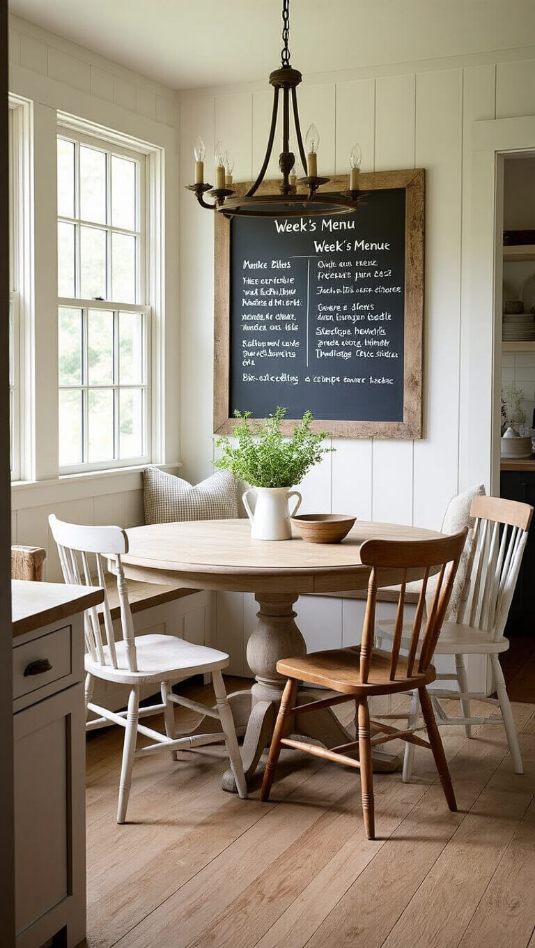 Cozy farmhouse dining nook with weathered oak table, mismatched chairs, vintage chandelier, chalkboard menu, open shelves with ironstone, and morning light streaming through corner windows.