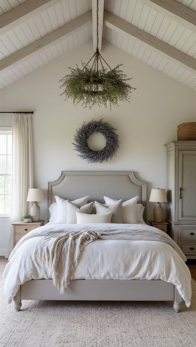Cozy farmhouse bedroom with vaulted ceilings, whitewashed beams, king bed in weathered gray wood, layered linen bedding, and ambient twilight lighting.