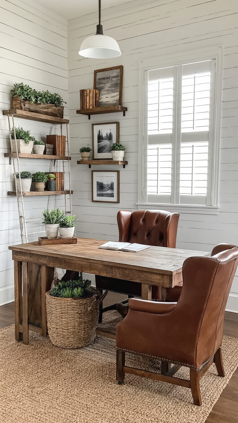 Rustic farmhouse home office with shiplap walls, large reclaimed wood desk, leather wingback chair, and warm directional lighting highlighting vintage decor and greenery.