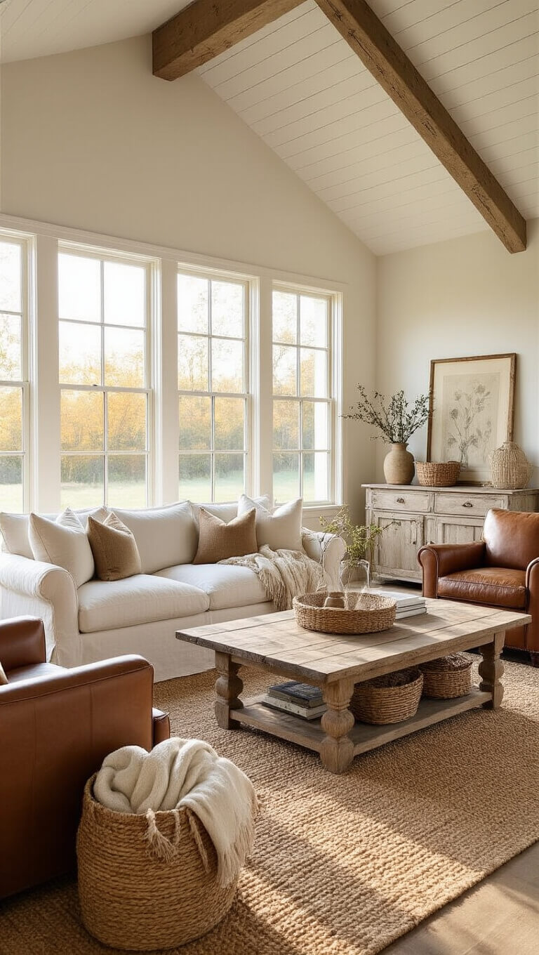Cozy farmhouse living room with vaulted ceilings, exposed wooden beams, off-white linen sofa, leather armchairs, rustic oak coffee table on jute rug, and warm afternoon light streaming through large windows.