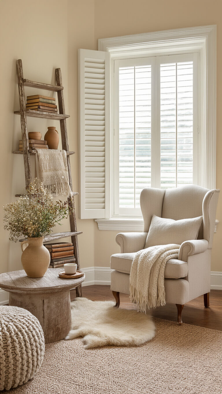 Cozy farmhouse reading nook with wingback chair, ladder shelf of vintage decor, and warm morning light through bay window.
