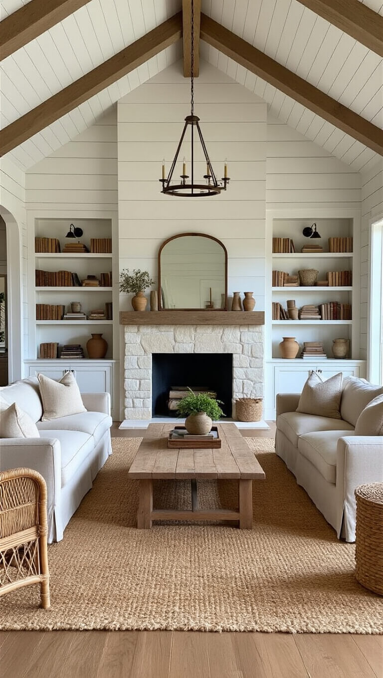 Open-concept farmhouse living room with dove gray shiplap walls, oak floors, stone fireplace, vintage decor, taupe linen sofas, rattan chairs, and warm golden hour lighting.