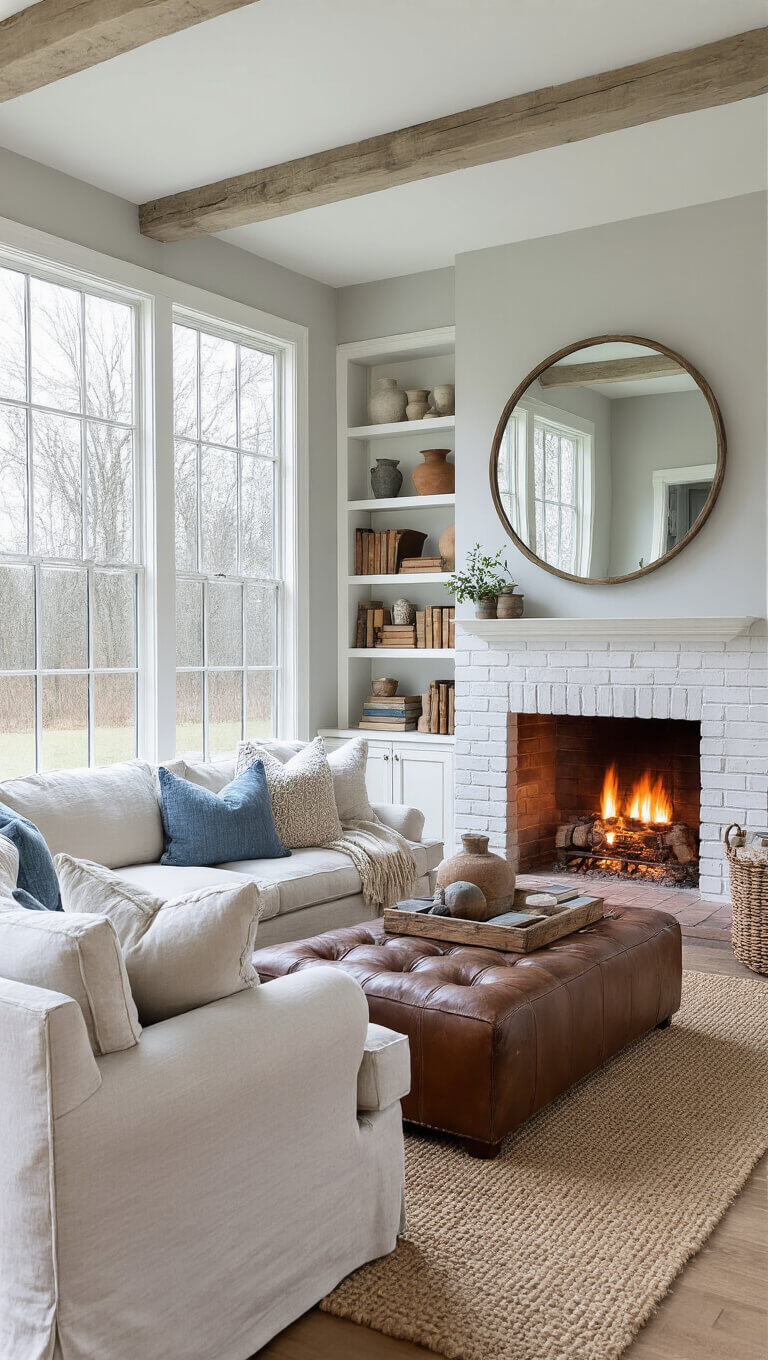Cozy farmhouse living room with a roaring fireplace, slipcovered sectional, and vintage decor on a rainy afternoon.