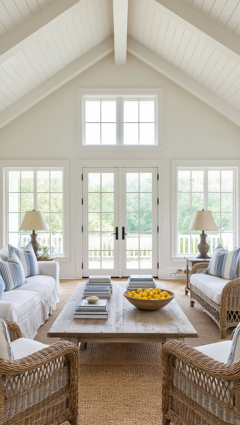 Bright farmhouse living room with vaulted ceilings, white slipcovered sofa, wicker chairs, large wood coffee table, gallery wall, and French doors opening to sunny porch.