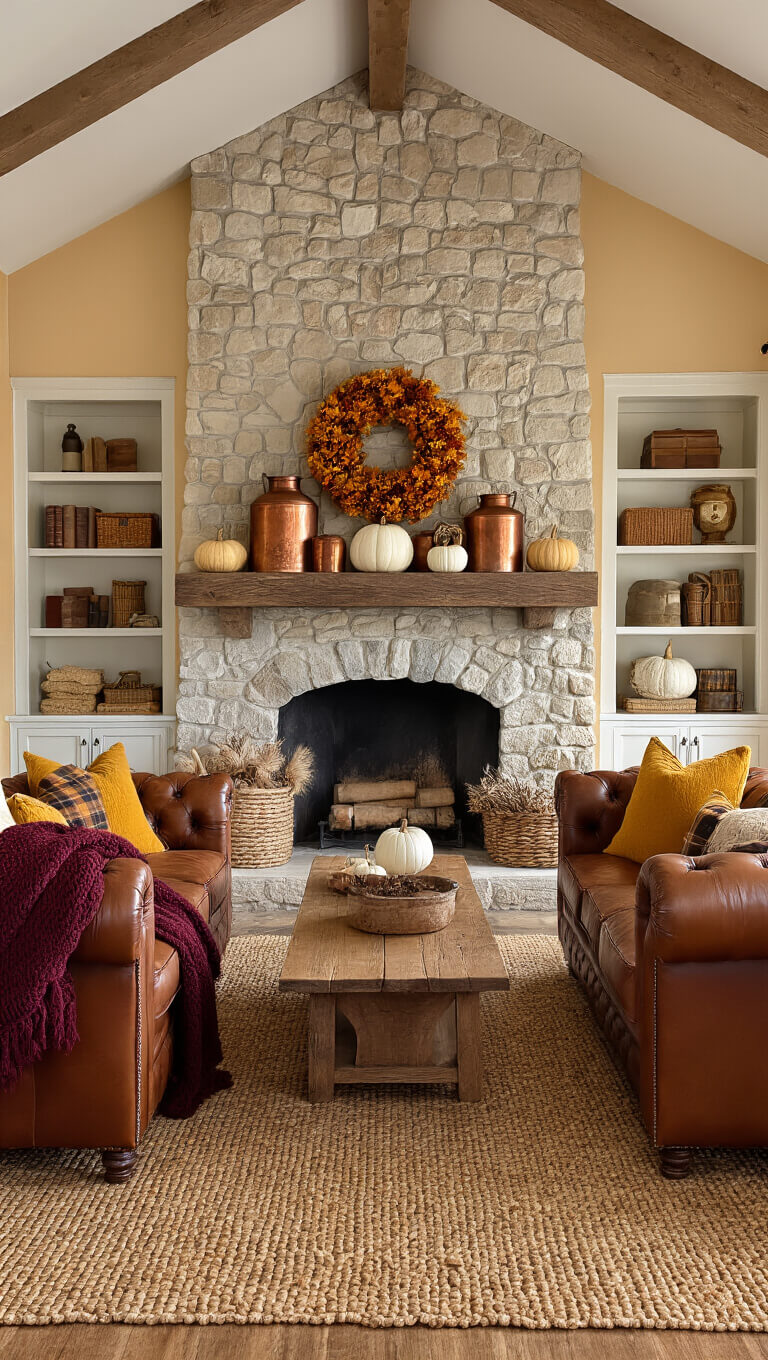 Cozy farmhouse living room with warm autumn décor, centered around a stone fireplace, cognac leather sofas, rustic oak furniture, and dim firelit ambiance.