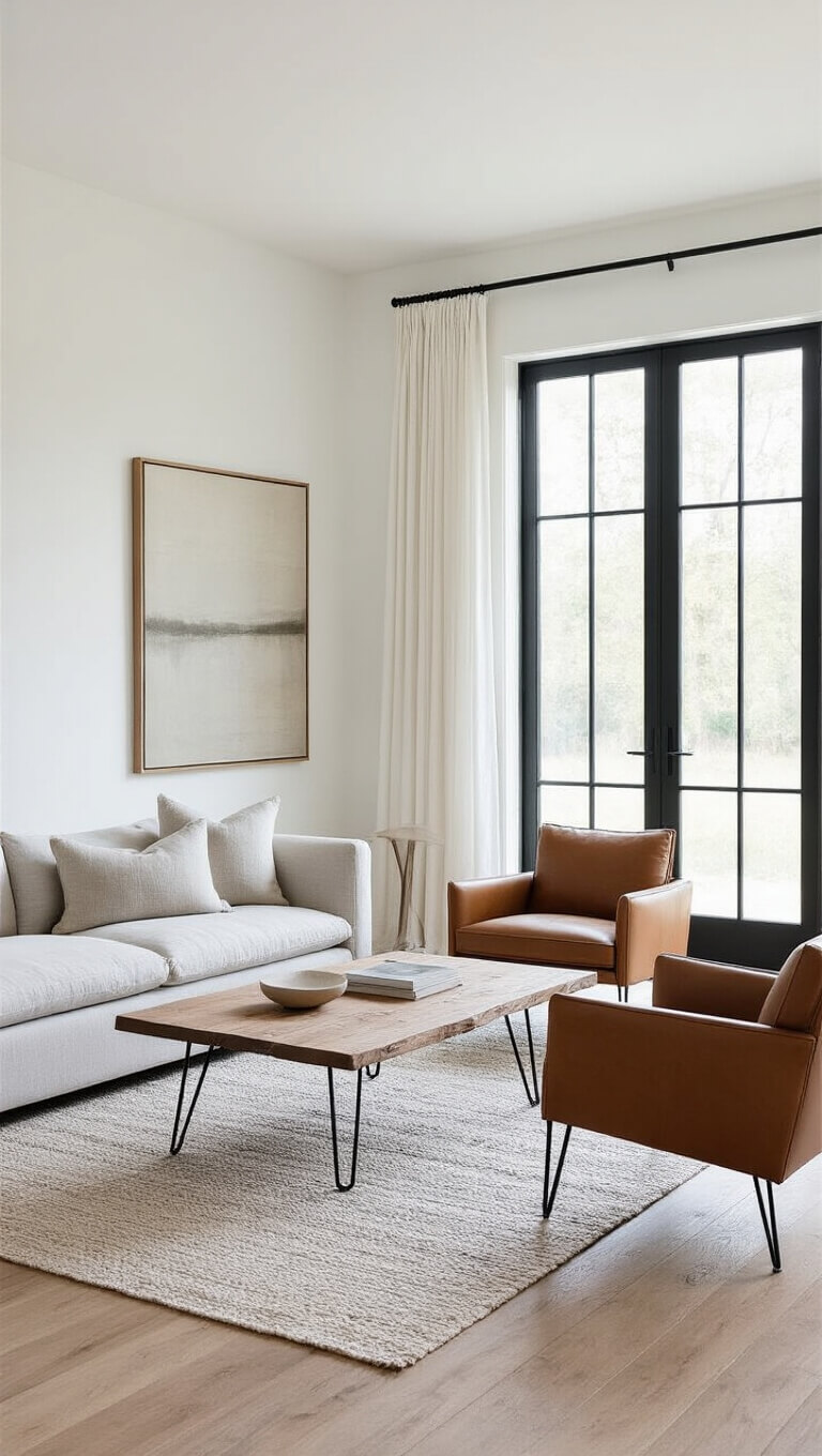 Minimalist farmhouse living room with white walls, oak flooring, gray linen sofa, cognac leather chairs, live-edge wood coffee table, large black-framed window, and soft morning light.