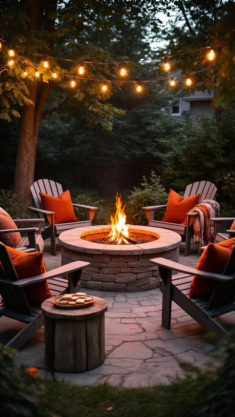 Cozy backyard fire pit scene at dusk with Adirondack chairs, string lights, and rustic decor surrounding a glowing circular stone fire pit.