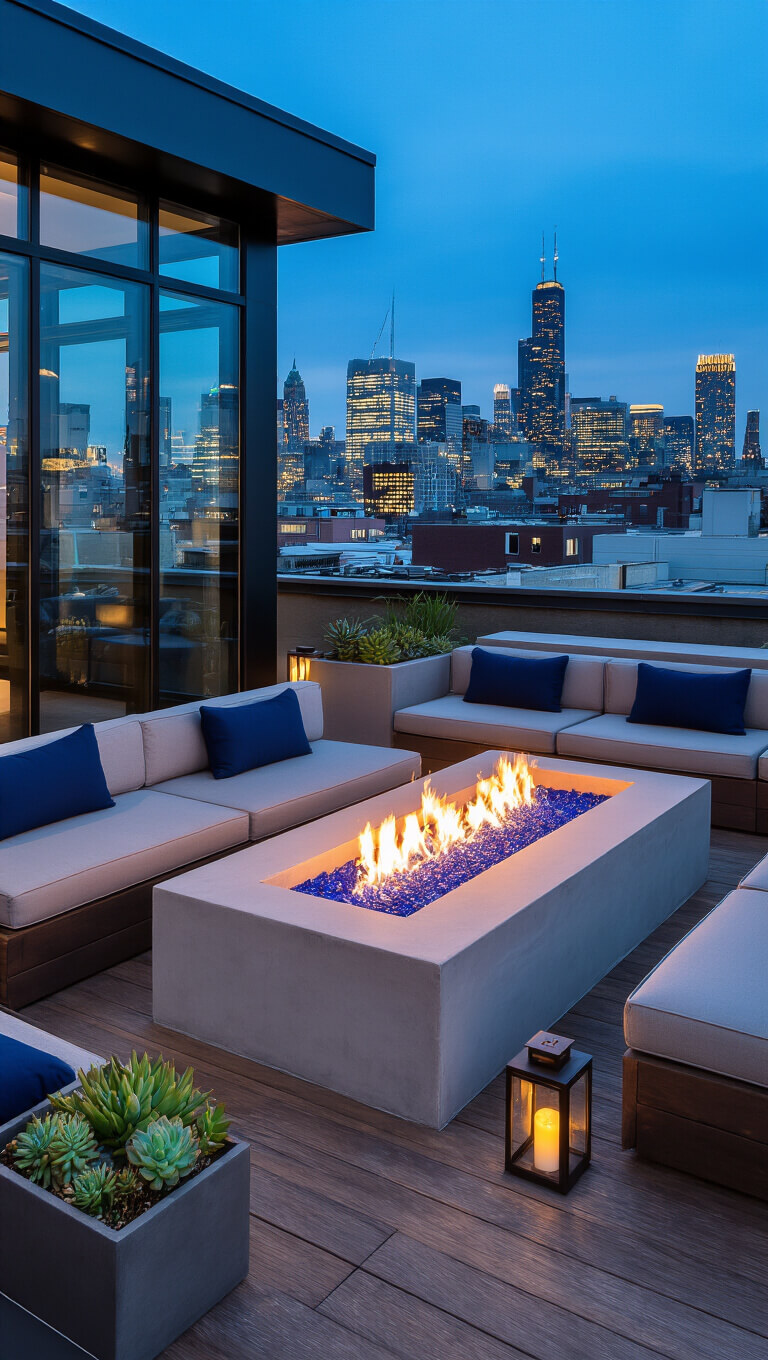 Modern rooftop terrace at night with a concrete fire pit, blue fire glass, gray modular seating, navy pillows, and city skyline in the background.