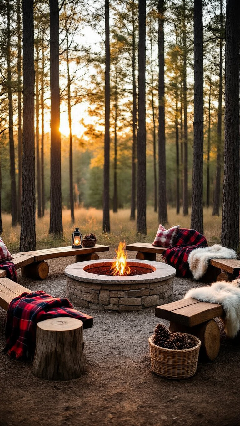 Rustic woodland fire pit area at golden hour with stone fire pit, log seating draped in plaid and faux fur, surrounded by pine trees and warm sunlight.
