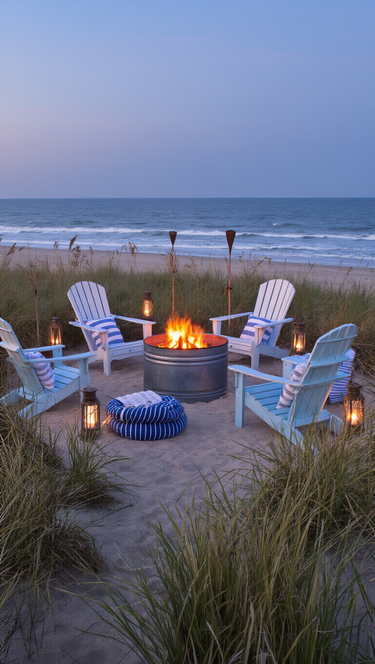Twilight beachside fire pit with pale blue Adirondack chairs, striped towels, and tiki torches, set among dunes overlooking the ocean.