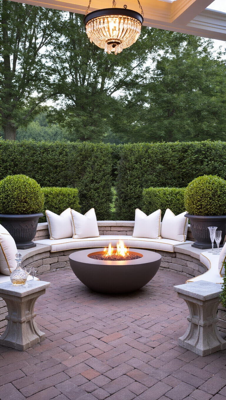 Elegant patio with curved stone bench, round fire pit, herringbone brick paving, topiaries in urns, white cushions with gold piping, marble side tables, and chandelier lighting.