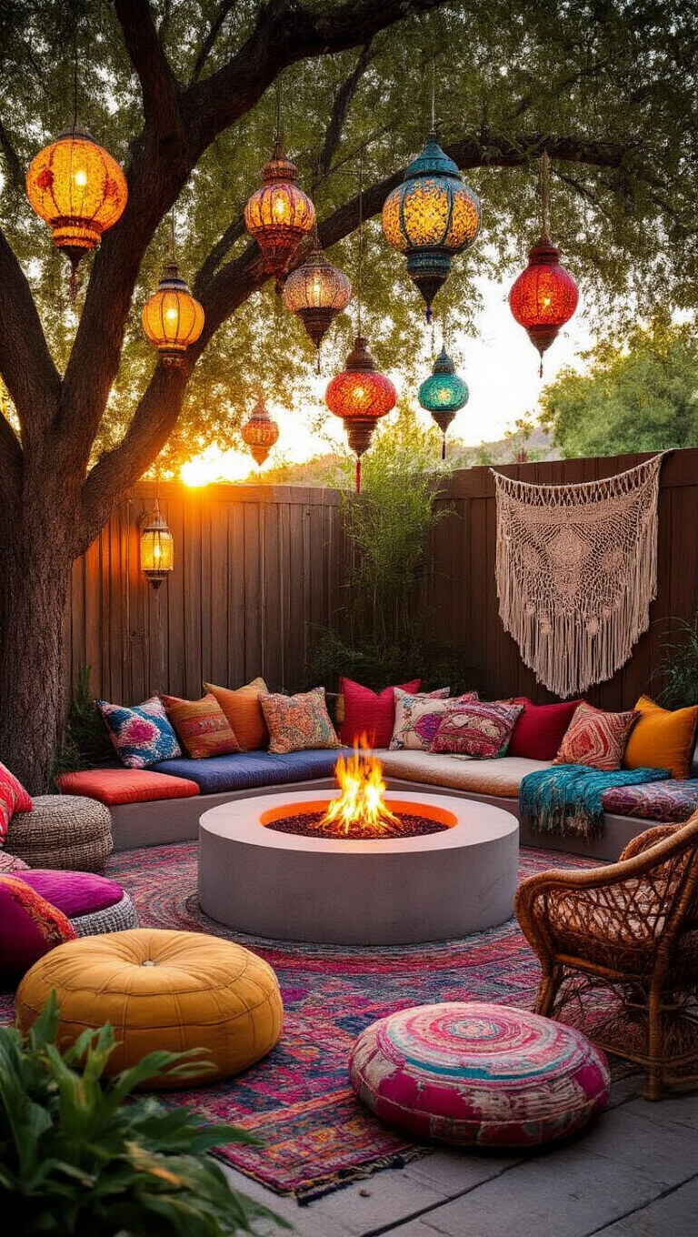 Bohemian fire pit lounge at sunset with colorful cushions, Moroccan lanterns, rattan chair, and macramé décor in warm golden lighting.