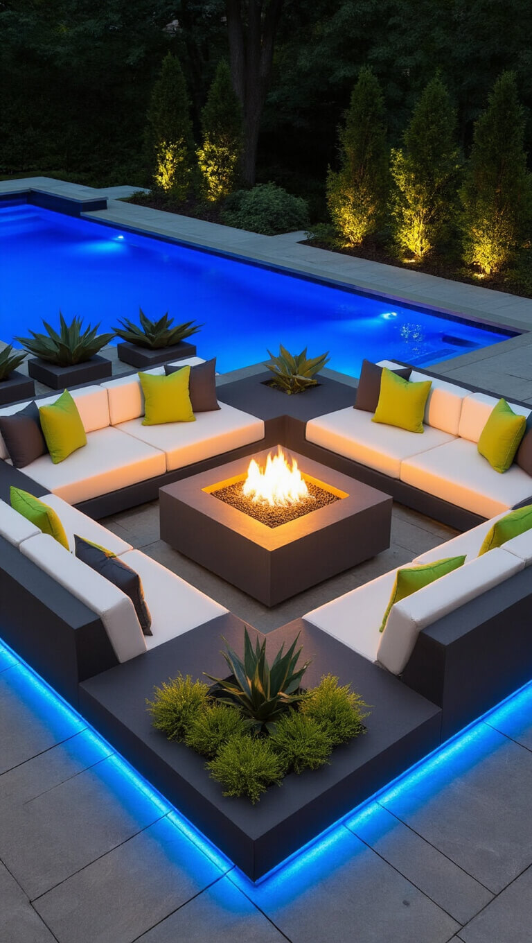Modern poolside fire pit area at night with L-shaped white sofas, glowing blue pool, and sculptural plants in geometric planters.