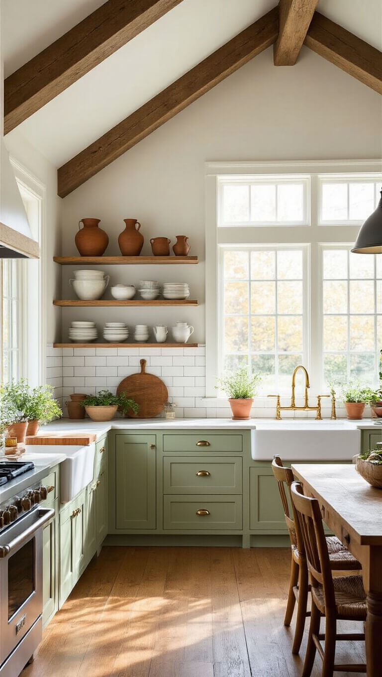 Wide-angle view of a sunlit farmhouse kitchen with vaulted ceilings, sage green cabinets, white island, butcher block countertop, brass fixtures, and a large dining table with mismatched chairs.