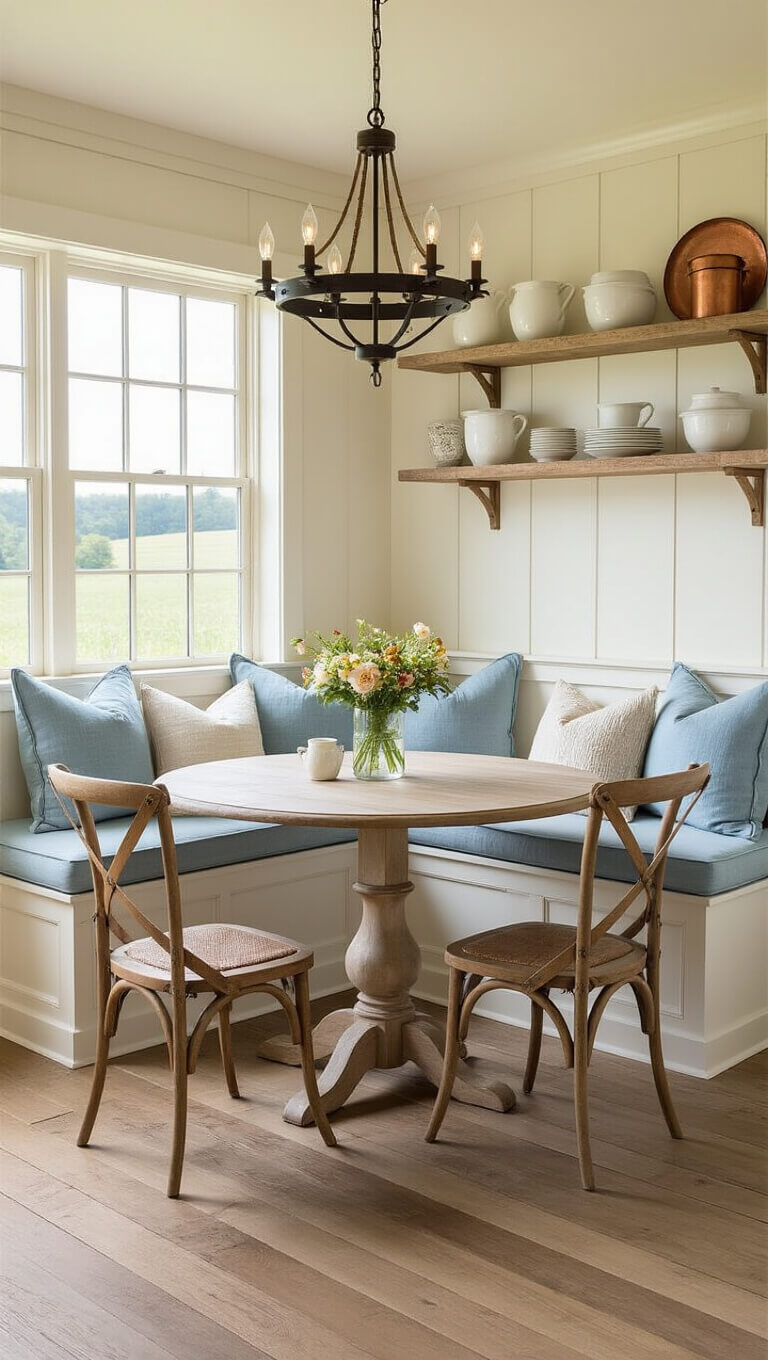 Cozy farmhouse kitchen nook with built-in banquette, powder blue cushions, round weathered oak table, vintage chandelier, and countryside view through large window.