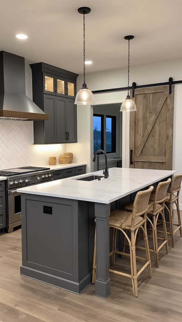 Modern farmhouse kitchen at twilight with charcoal gray cabinets, white quartz countertops, greige island, stainless steel appliances, barn door pantry, and herringbone tile backsplash.