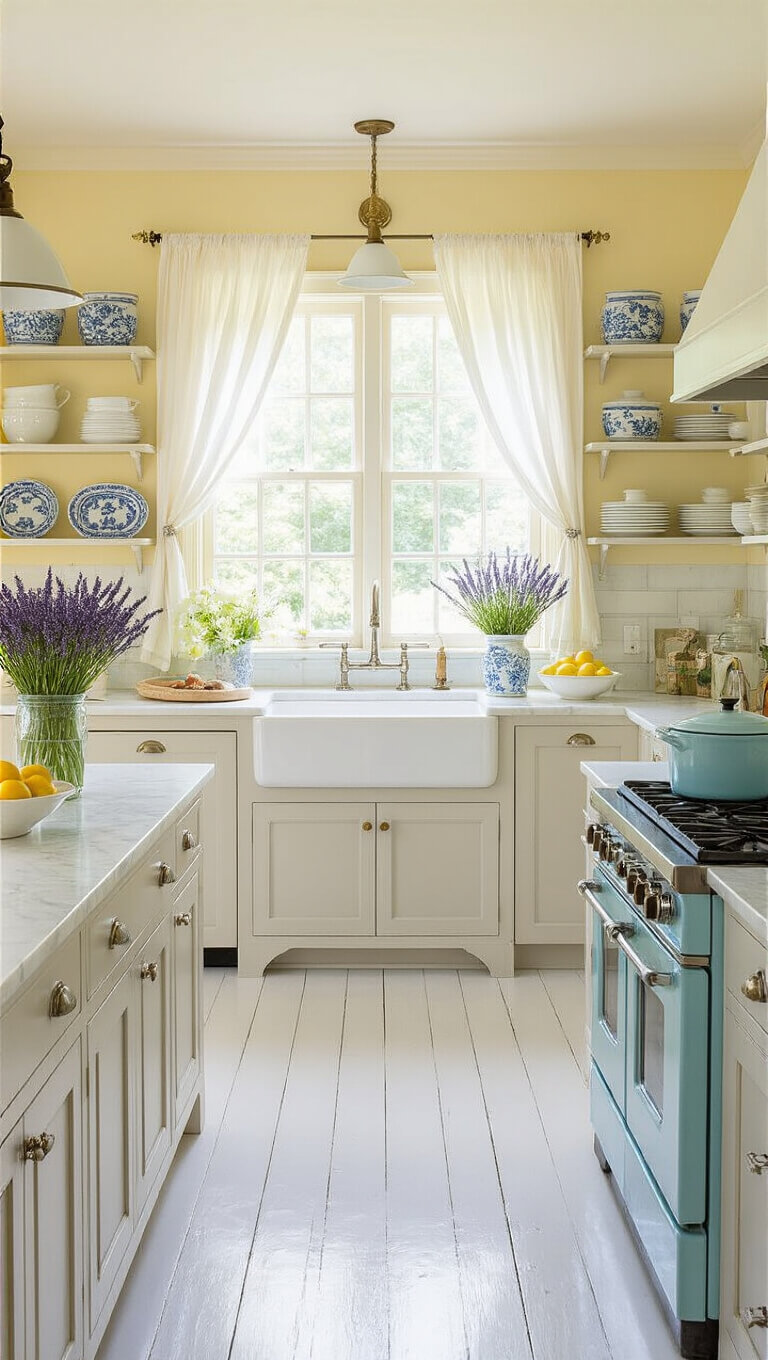 Bright farmhouse kitchen with buttercream yellow walls, white cabinets, gray island, marble countertops, vintage blue stove, and billowing white curtains over a large sink.