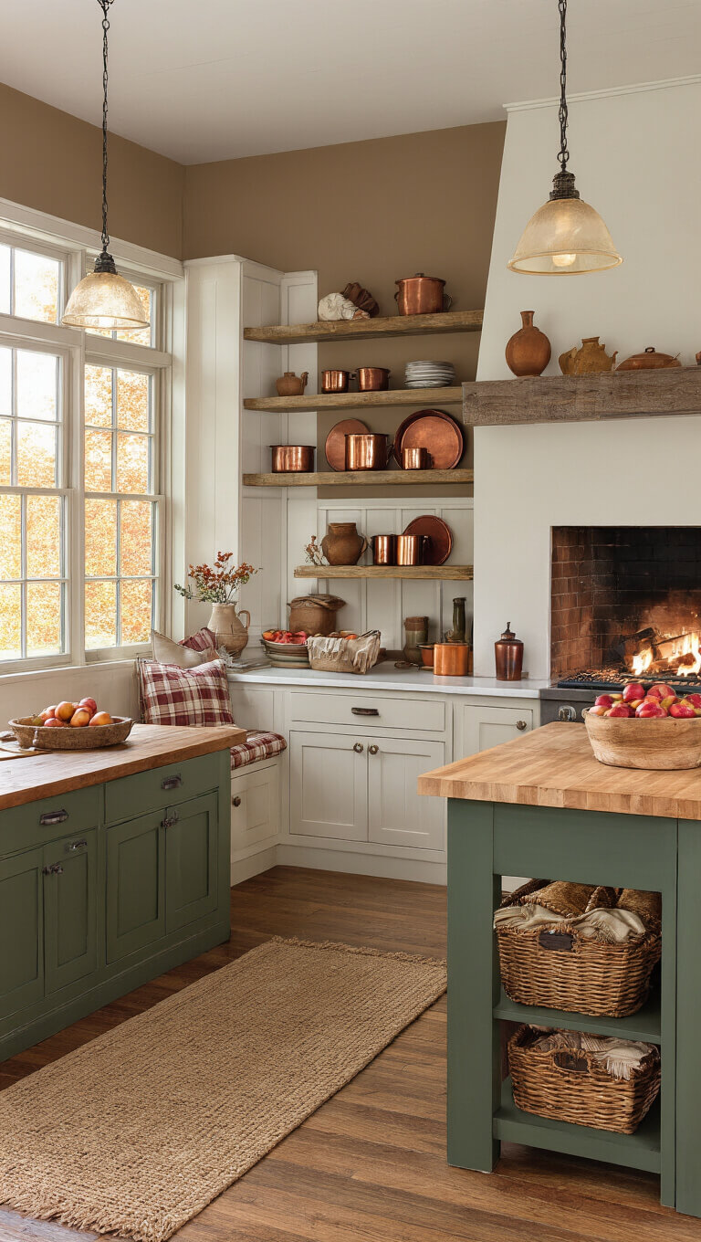 Low-angle view of a cozy autumn farmhouse kitchen with cream cabinets, green island, fireplace, window seat, and warm lighting.