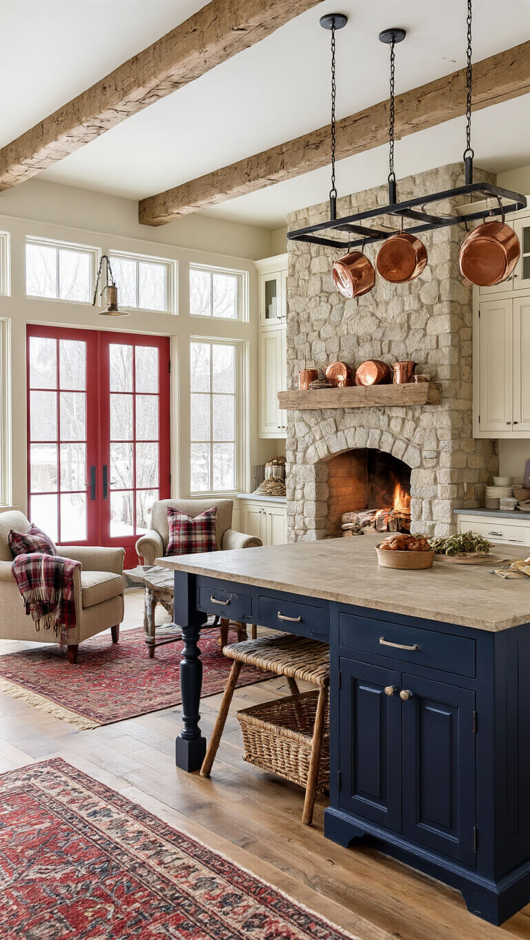 Eye-level view of a cozy farmhouse kitchen with navy and cream cabinets, stone fireplace, pine floors, red Dutch door, and warm lighting on a snowy winter evening.
