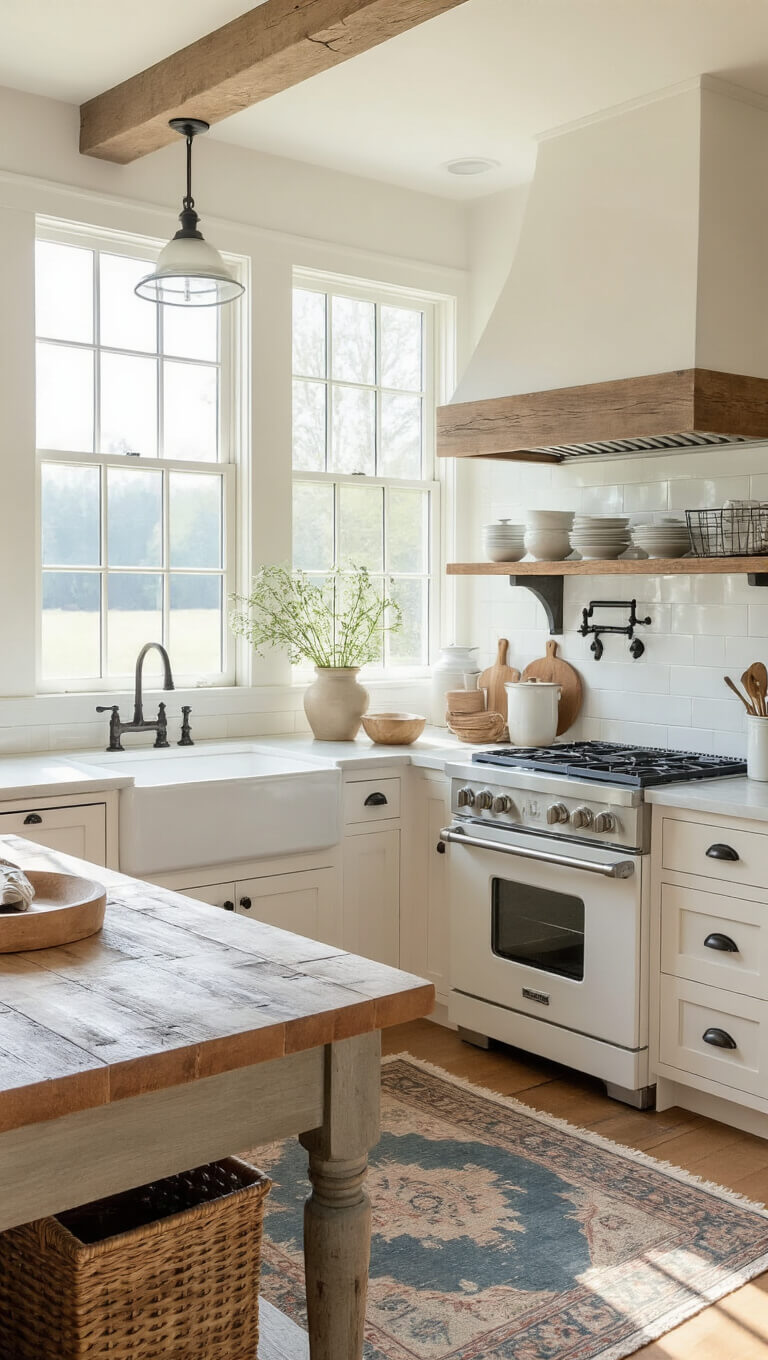 Spacious farmhouse kitchen with white Shaker cabinets, wooden island, apron sink, vintage rug, and morning light streaming through large windows.