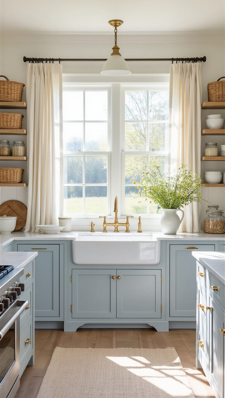 Bright, sunlit farmhouse kitchen with marble island, beadboard details, brass fixtures, open shelves, and wildflowers in a vase.