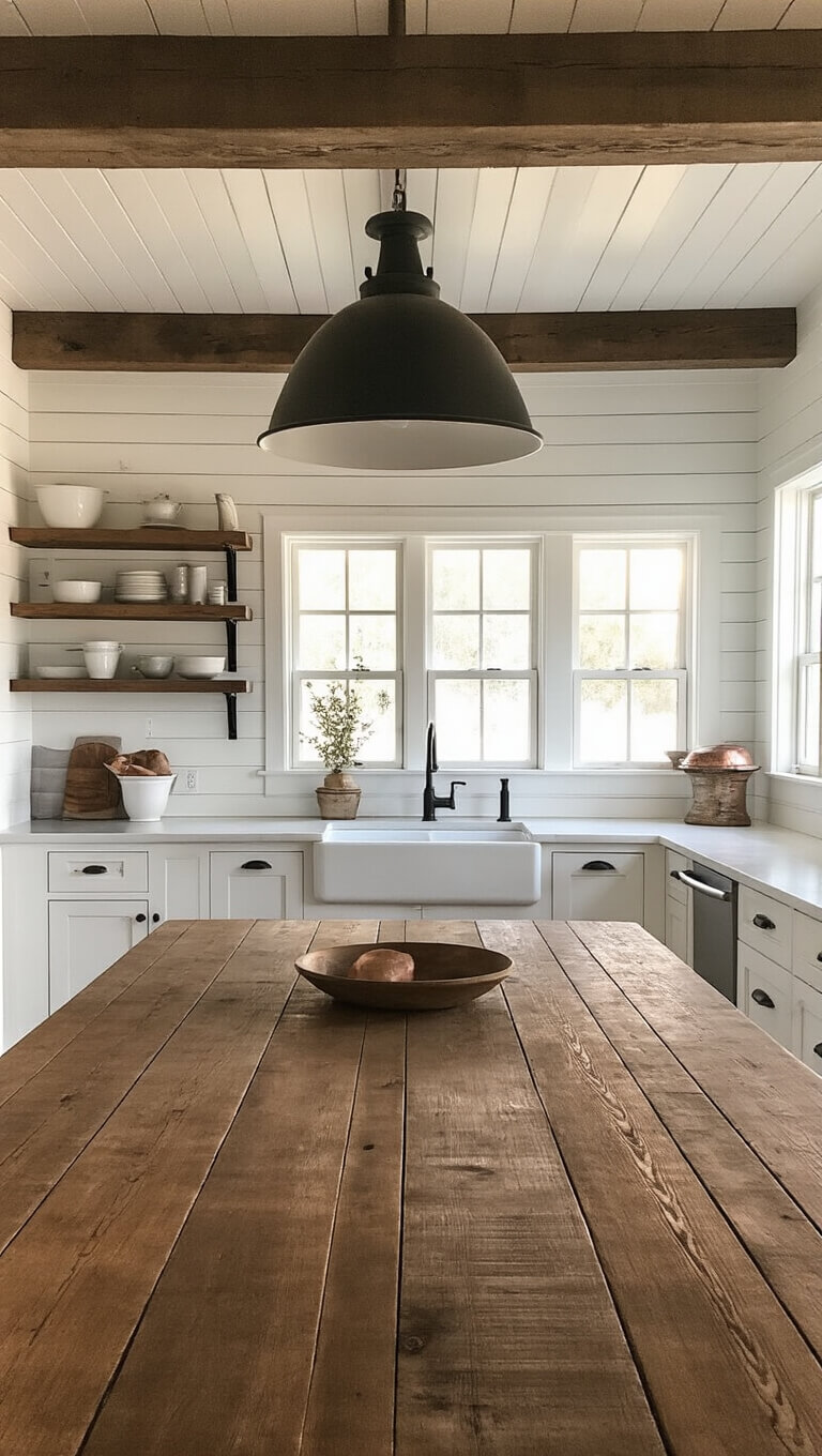 Low-angle view of a warm farmhouse kitchen at golden hour, featuring a long wooden dining table, rustic island, white shiplap walls, dark ceiling beams, farmhouse sink, open shelves with white and copper accents, all bathed in golden directional light.