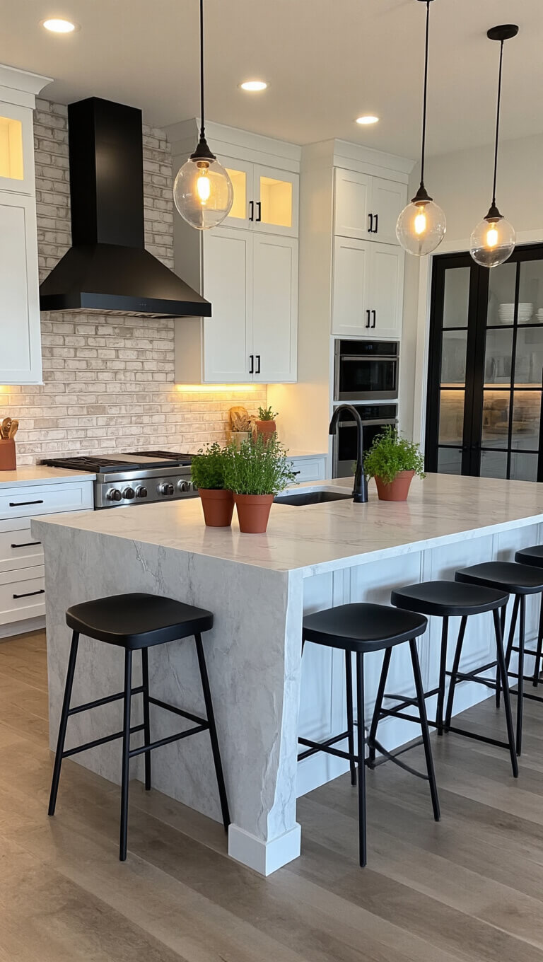Modern farmhouse kitchen with quartz waterfall island, matte black bar stools, white cabinets, white brick backsplash, and moody pendant lighting.