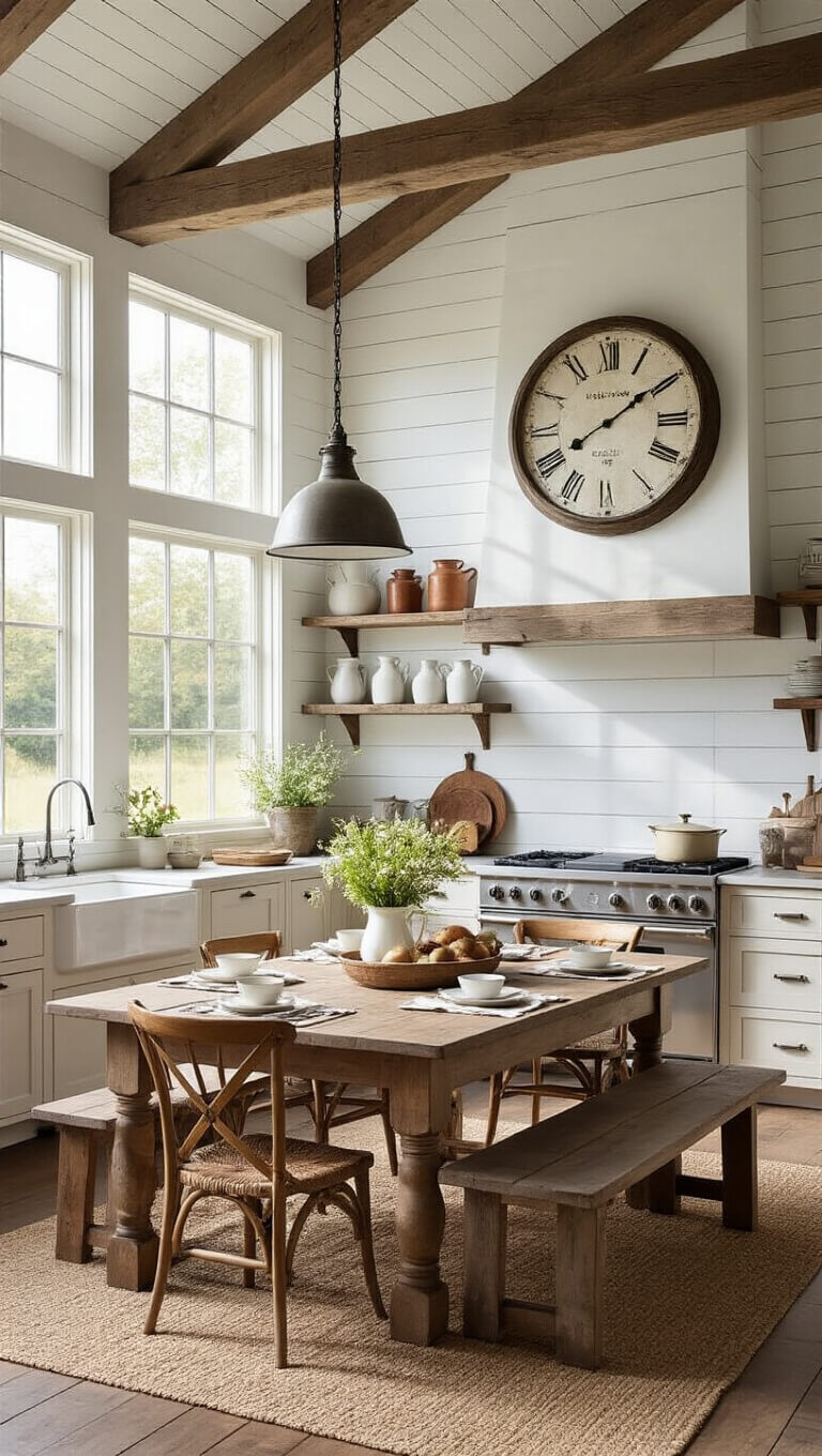 Spacious farmhouse kitchen with exposed beams, vintage wall clock, rustic shiplap, and morning sunlight highlighting warm textures and natural wood tones.